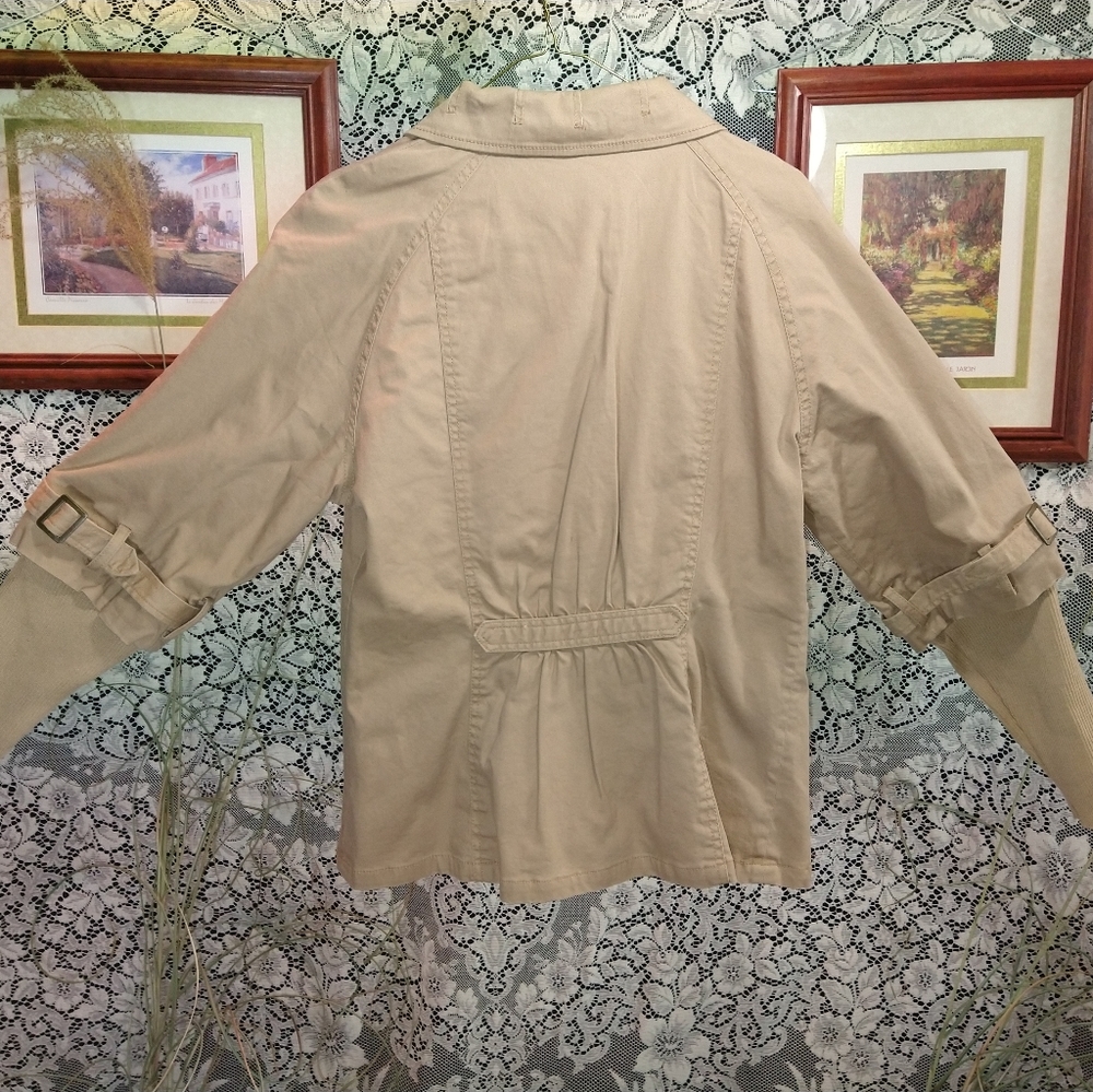 Motto tan / beige trench length jacket sweater sleeves buckle cuffs large button - Picture 5 of 6